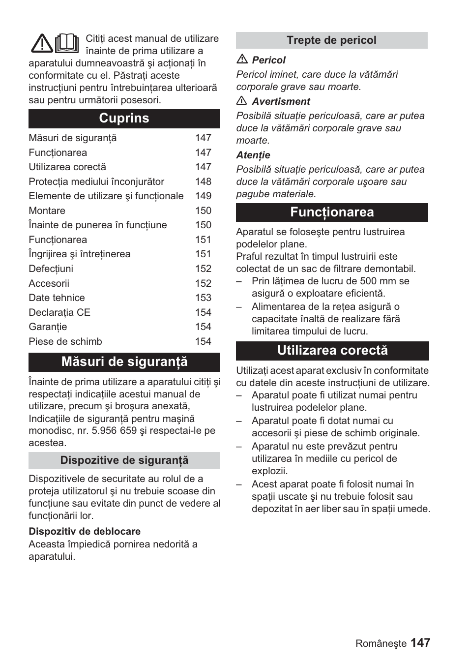 Cuprins măsuri de siguranġă, Funcġionarea utilizarea corectă | Karcher BDP 1500 User Manual | Page 147 / 220