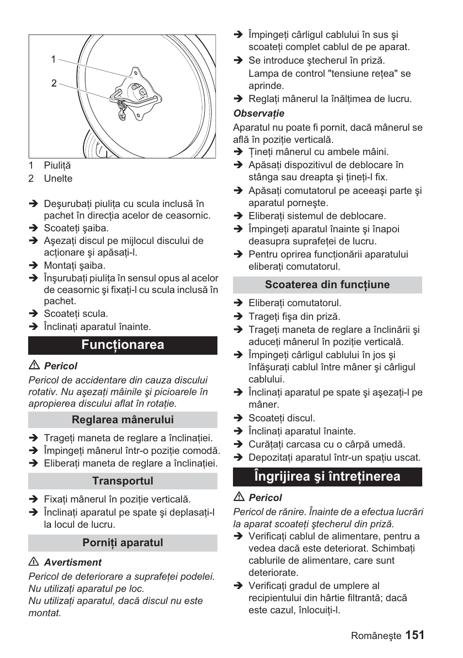 Funcġionarea, Îngrijirea úi întreġinerea | Karcher BDP 1500 User Manual | Page 151 / 220