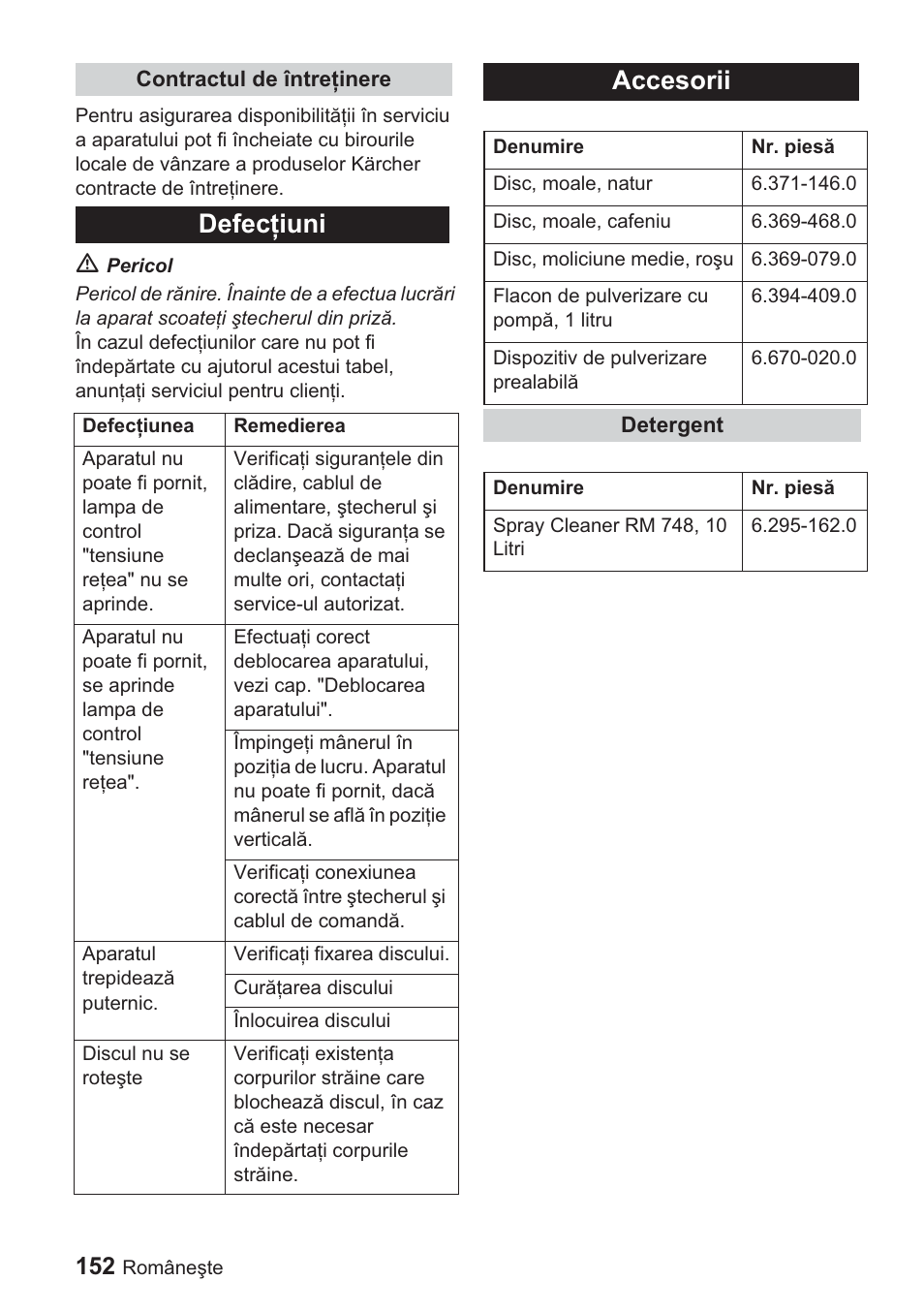 Defecġiuni, Accesorii | Karcher BDP 1500 User Manual | Page 152 / 220