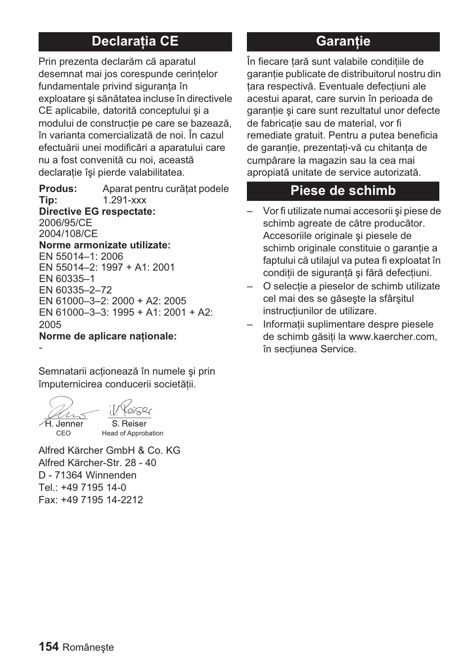 Declaraġia ce, Garanġie piese de schimb | Karcher BDP 1500 User Manual | Page 154 / 220