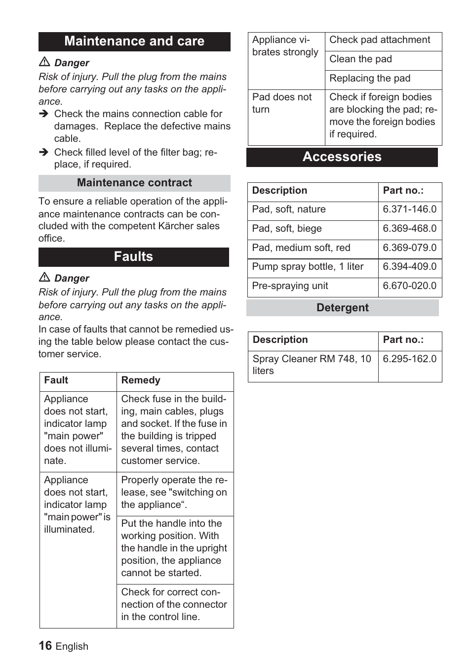 Maintenance and care, Faults, Accessories | Karcher BDP 1500 User Manual | Page 16 / 220