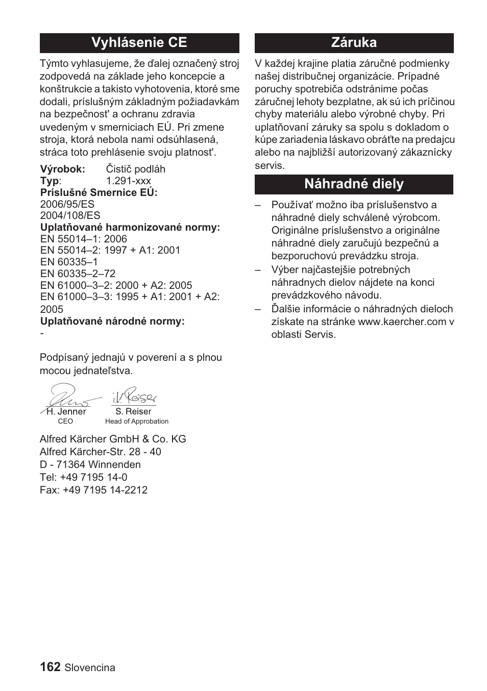 Vyhlásenie ce, Záruka náhradné diely | Karcher BDP 1500 User Manual | Page 162 / 220