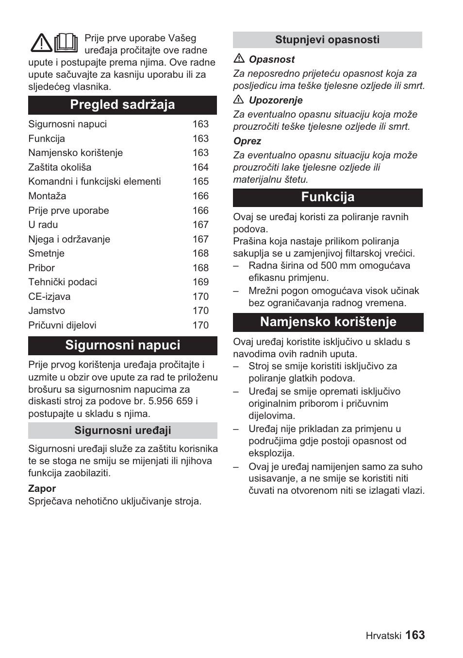 Pregled sadržaja sigurnosni napuci, Funkcija namjensko korištenje | Karcher BDP 1500 User Manual | Page 163 / 220