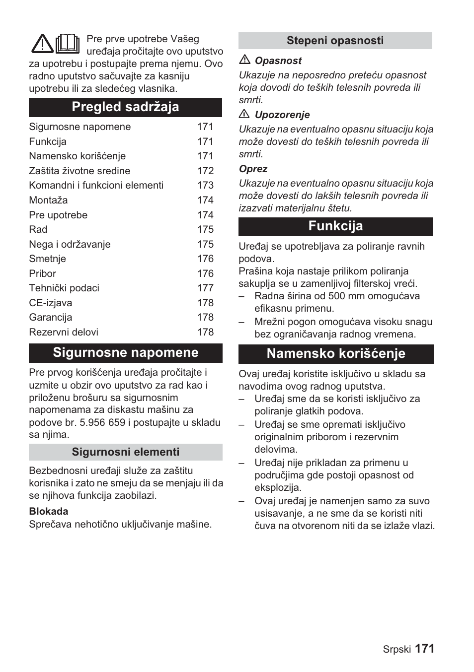 Pregled sadržaja sigurnosne napomene, Funkcija namensko korišüenje | Karcher BDP 1500 User Manual | Page 171 / 220