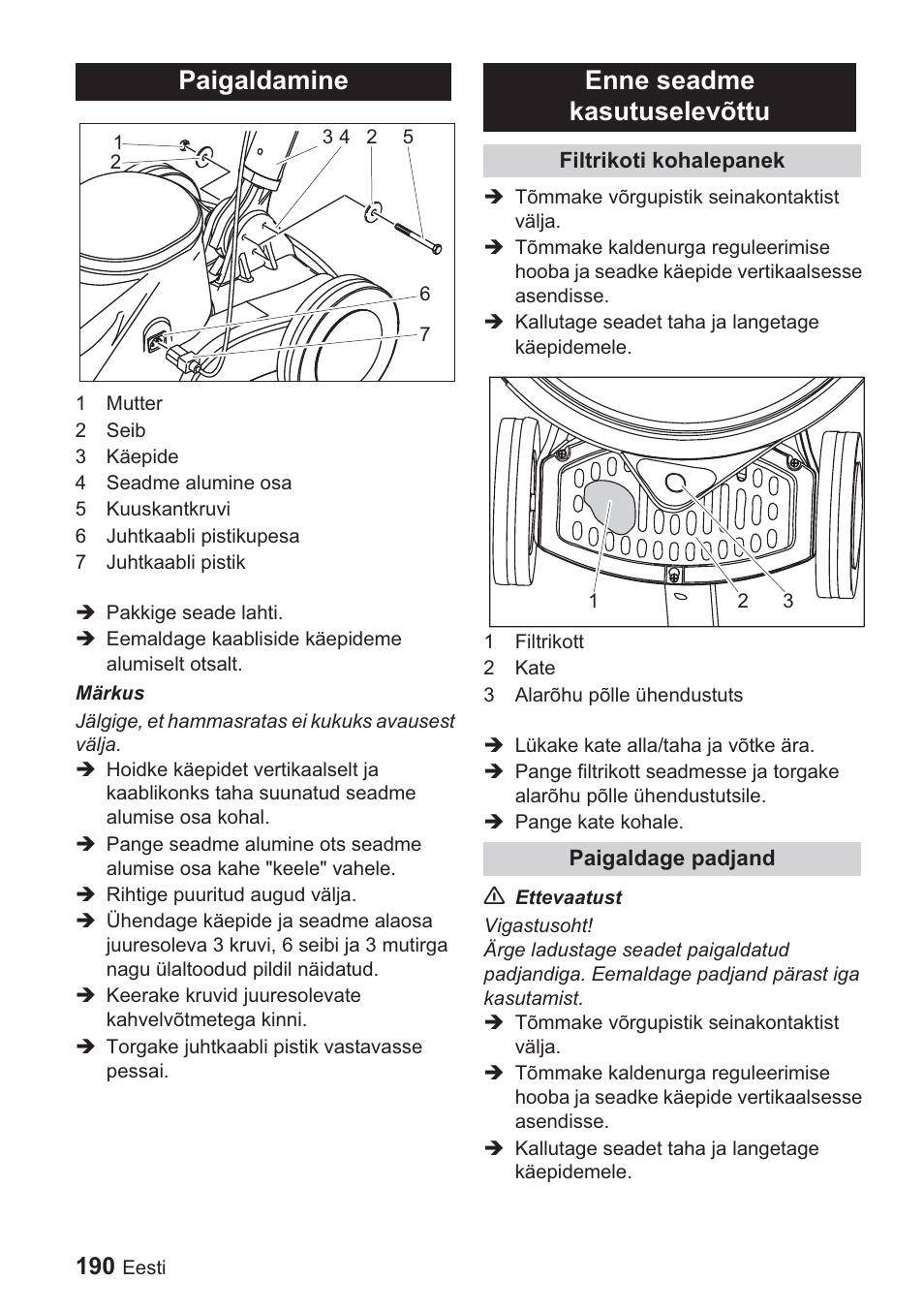 Paigaldamine, Enne seadme kasutuselevõttu | Karcher BDP 1500 User Manual | Page 190 / 220