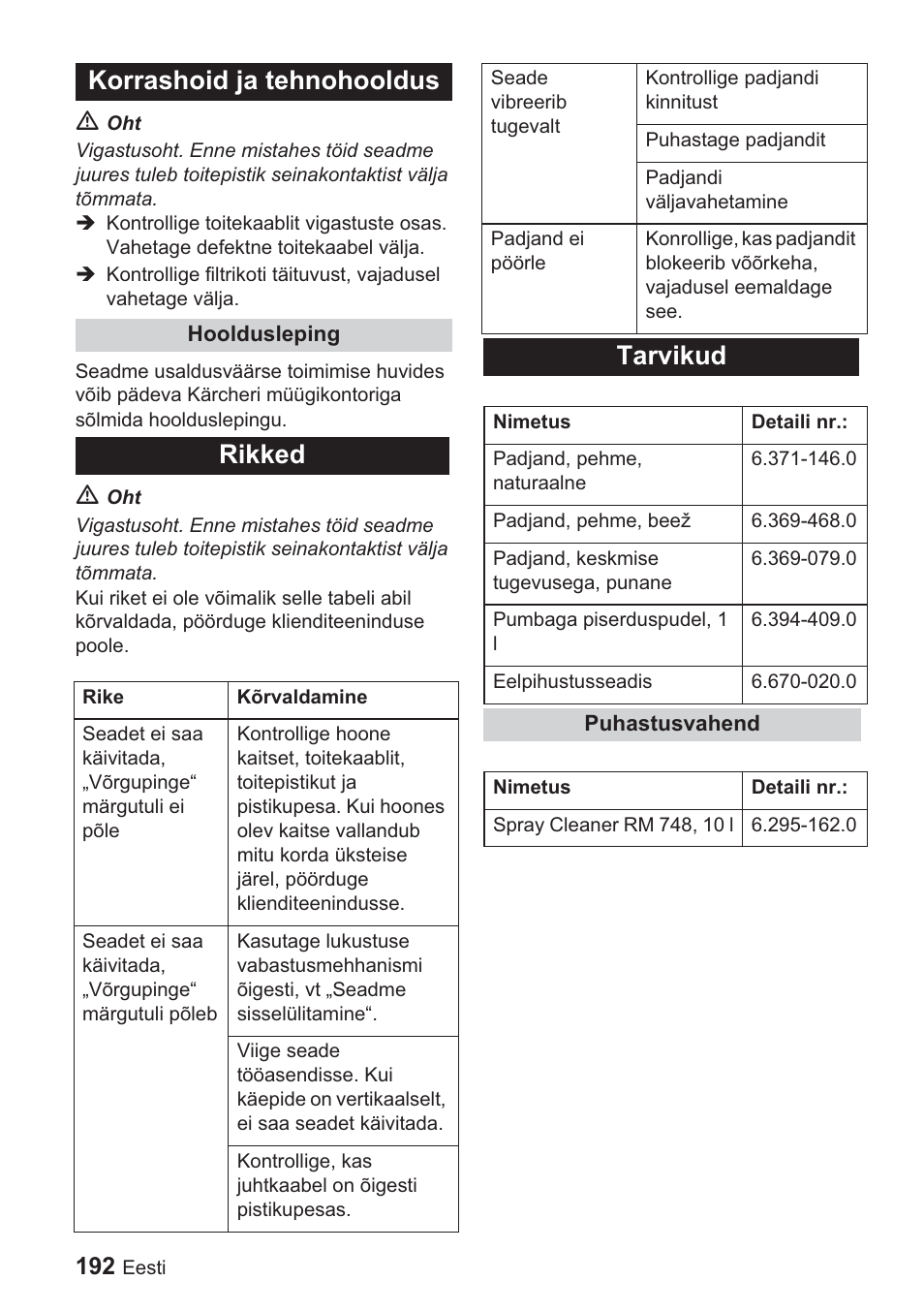 Korrashoid ja tehnohooldus, Rikked, Tarvikud | Karcher BDP 1500 User Manual | Page 192 / 220