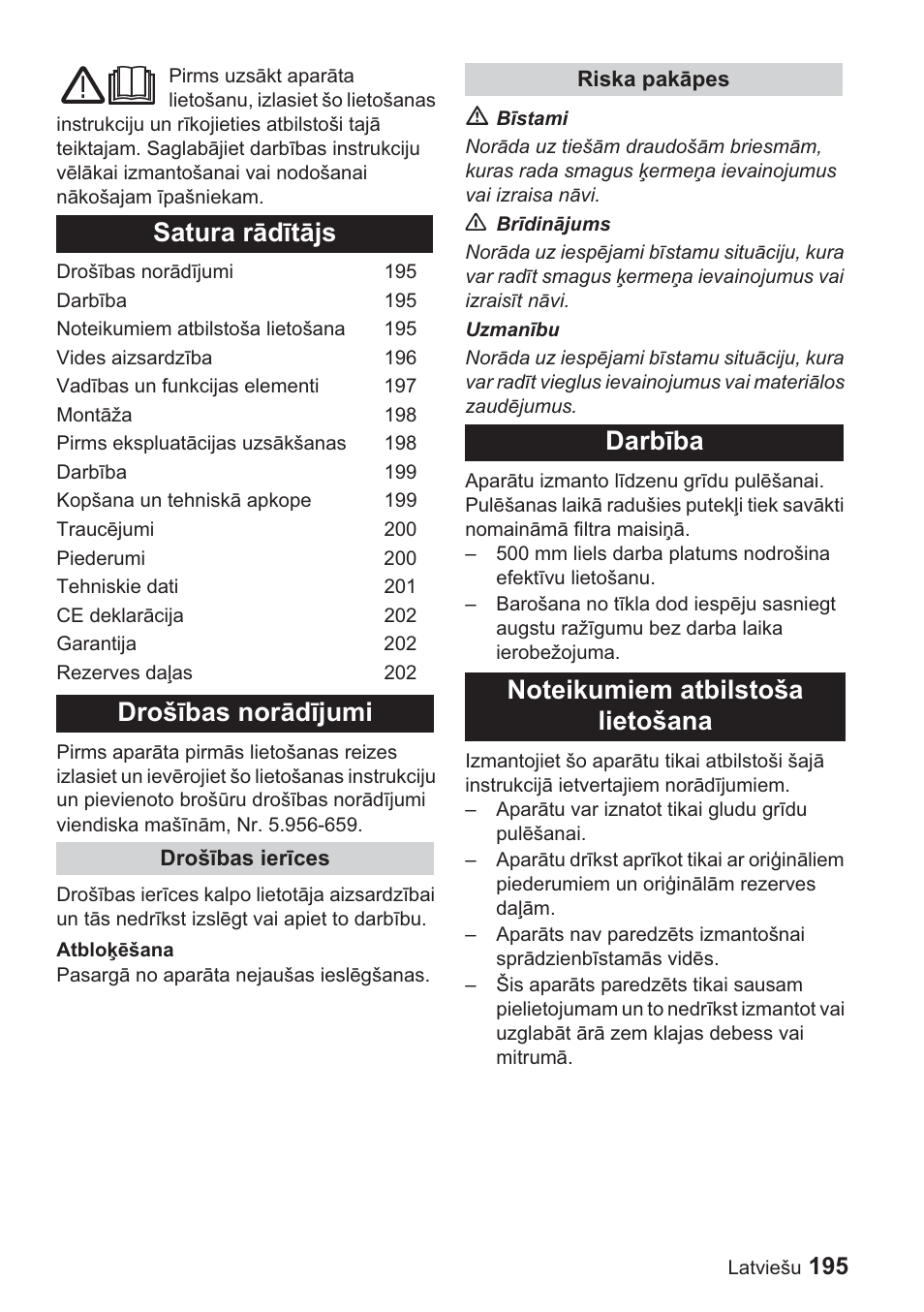 Satura rɨdưtɨjs drošưbas norɨdưjumi | Karcher BDP 1500 User Manual | Page 195 / 220