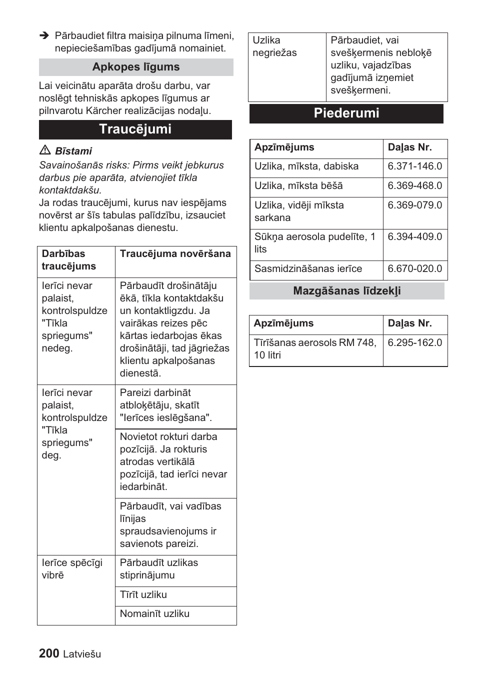 Traucɲjumi, Piederumi | Karcher BDP 1500 User Manual | Page 200 / 220