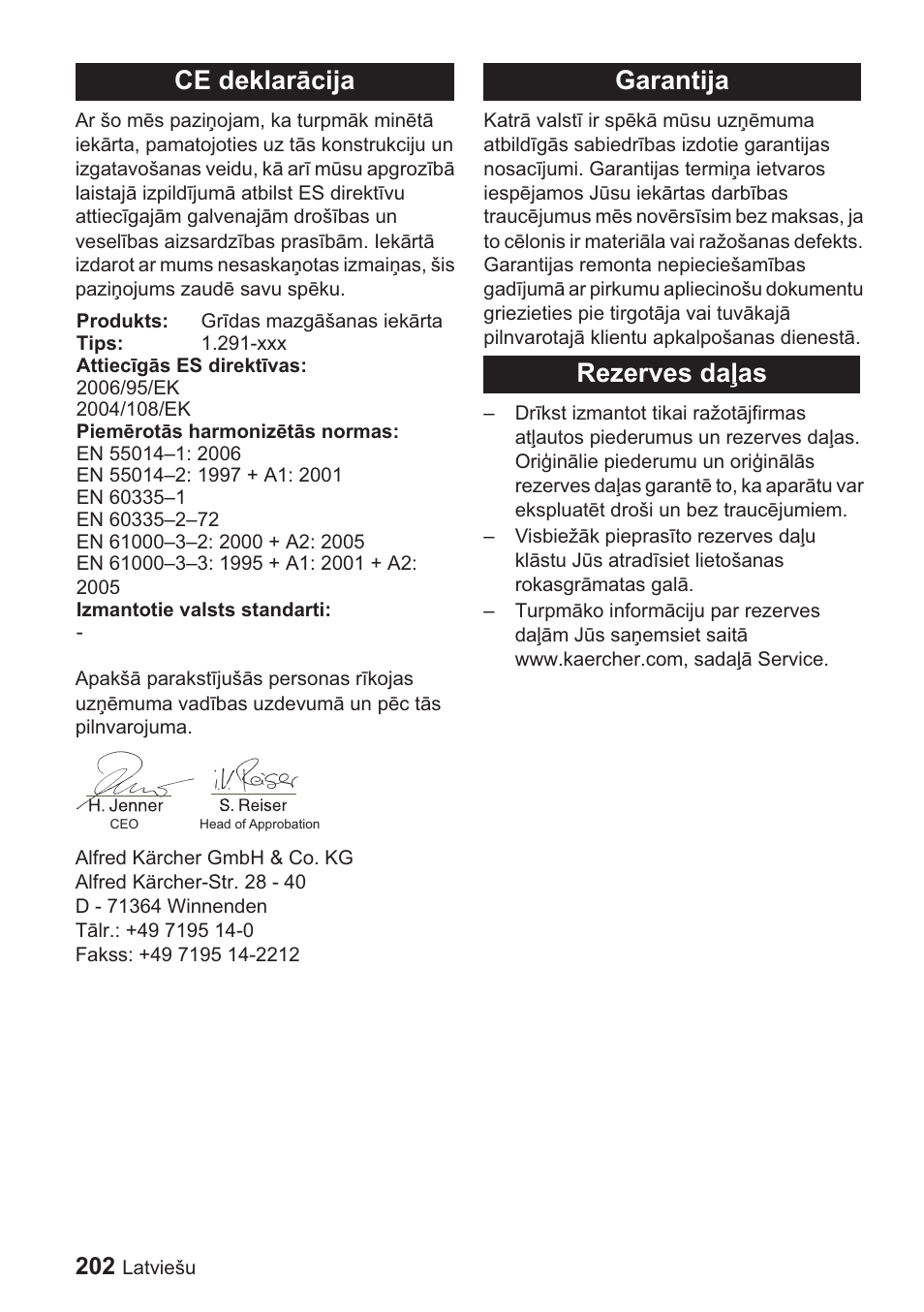 Ce deklarɨcija, Garantija rezerves daƺas | Karcher BDP 1500 User Manual | Page 202 / 220