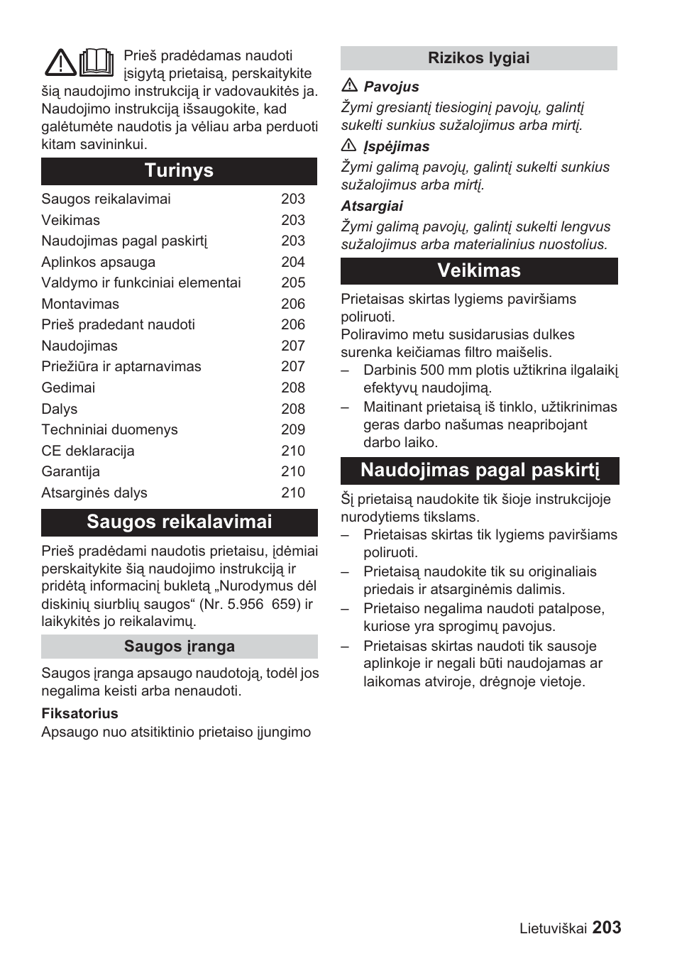 Turinys saugos reikalavimai, Veikimas naudojimas pagal paskirtƴ | Karcher BDP 1500 User Manual | Page 203 / 220