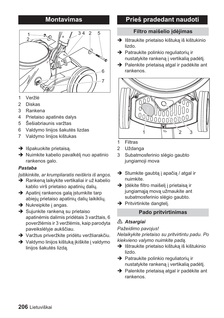 Montavimas, Prieš pradedant naudoti | Karcher BDP 1500 User Manual | Page 206 / 220