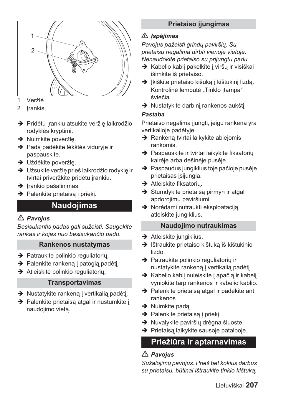 Naudojimas, Priežiǌra ir aptarnavimas | Karcher BDP 1500 User Manual | Page 207 / 220