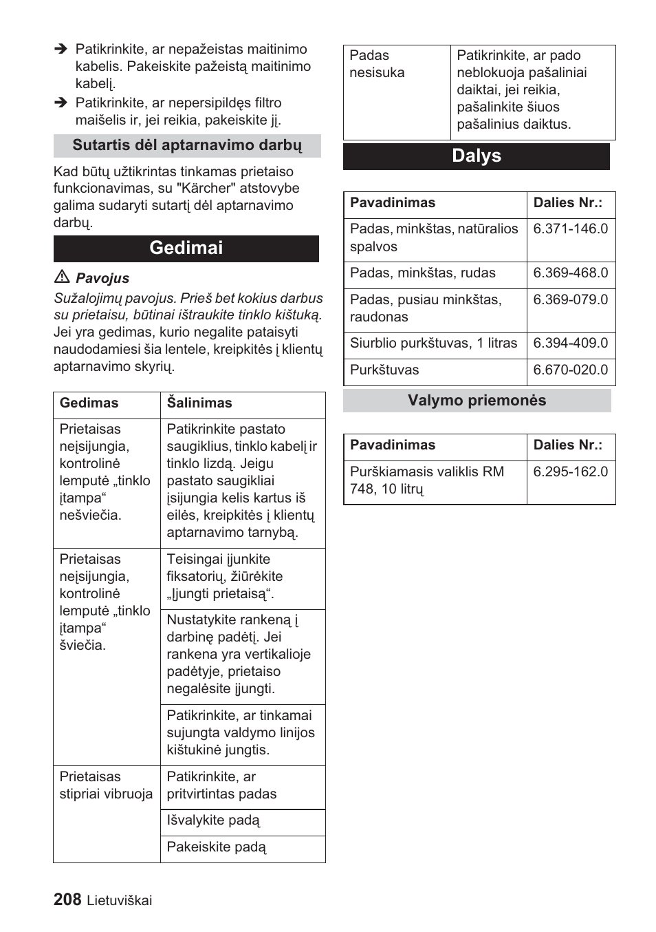 Gedimai, Dalys | Karcher BDP 1500 User Manual | Page 208 / 220