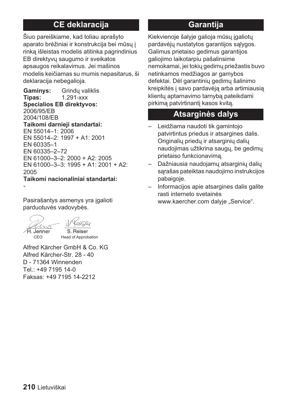 Ce deklaracija, Garantija atsarginơs dalys | Karcher BDP 1500 User Manual | Page 210 / 220
