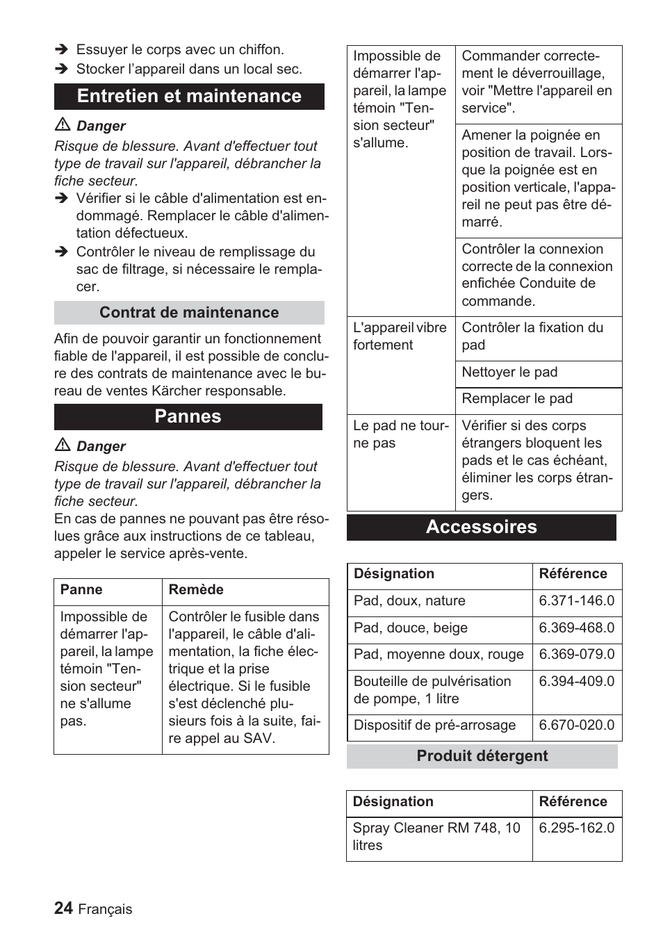 Entretien et maintenance, Pannes, Accessoires | Karcher BDP 1500 User Manual | Page 24 / 220