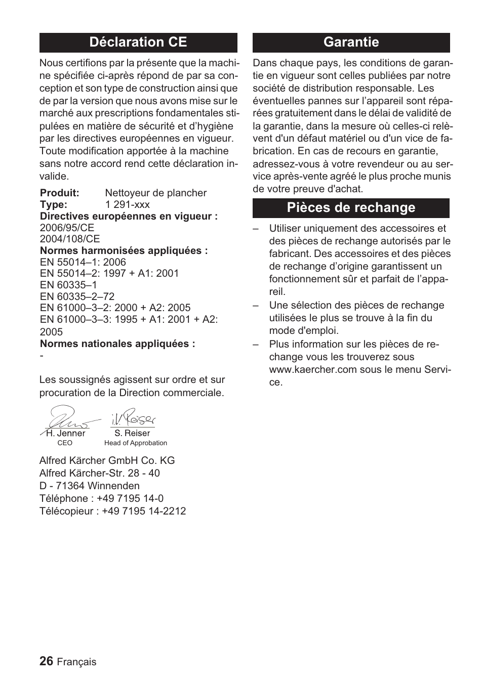Déclaration ce, Garantie pièces de rechange | Karcher BDP 1500 User Manual | Page 26 / 220