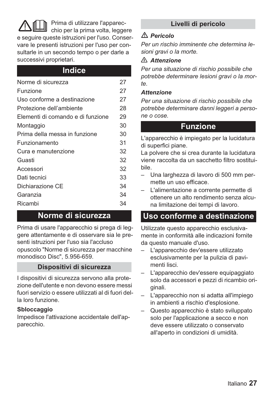 Indice norme di sicurezza, Funzione uso conforme a destinazione | Karcher BDP 1500 User Manual | Page 27 / 220