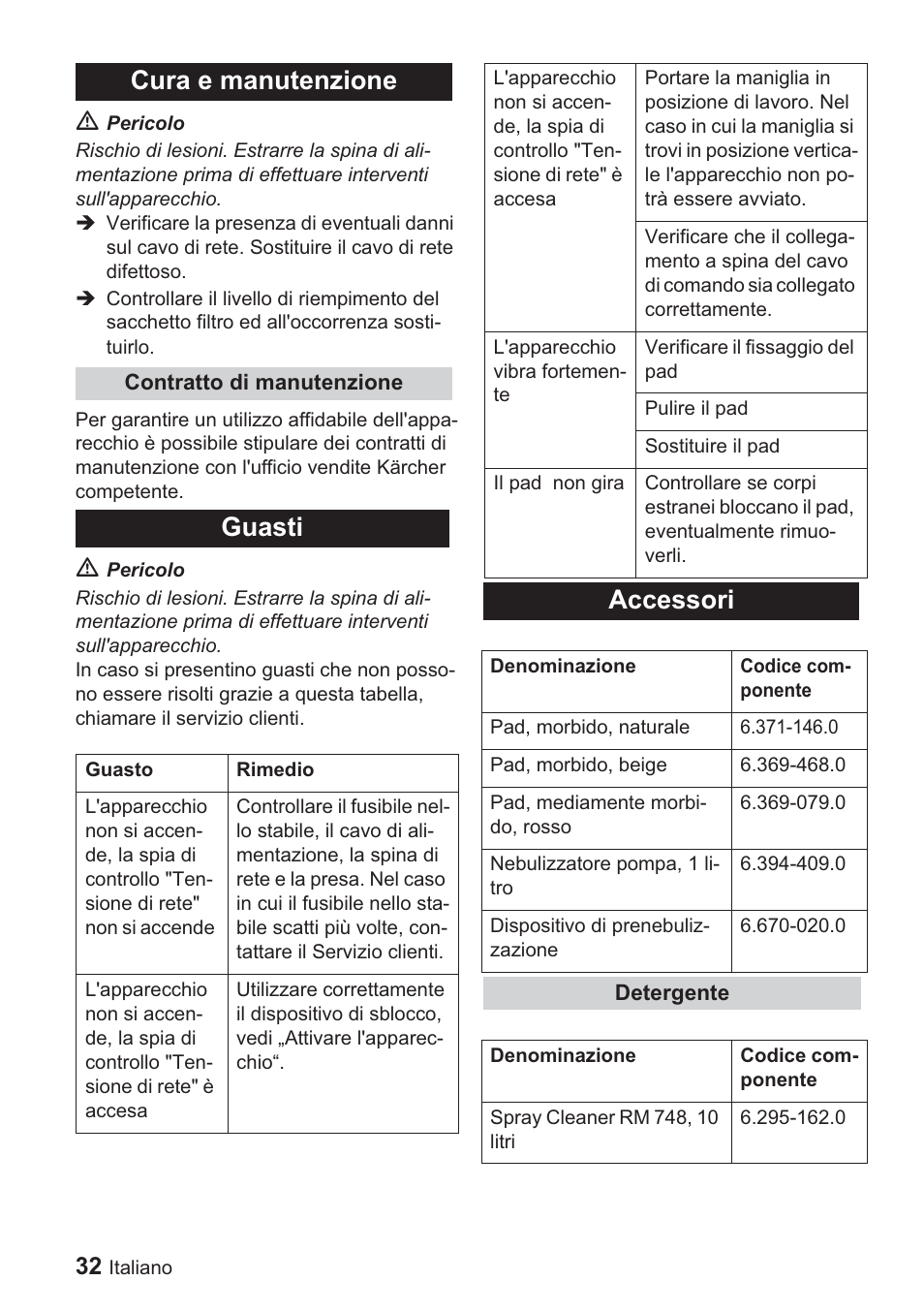 Cura e manutenzione, Guasti, Accessori | Karcher BDP 1500 User Manual | Page 32 / 220