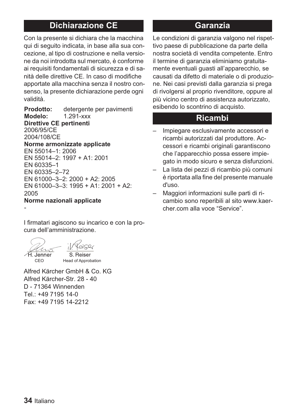 Dichiarazione ce, Garanzia ricambi | Karcher BDP 1500 User Manual | Page 34 / 220
