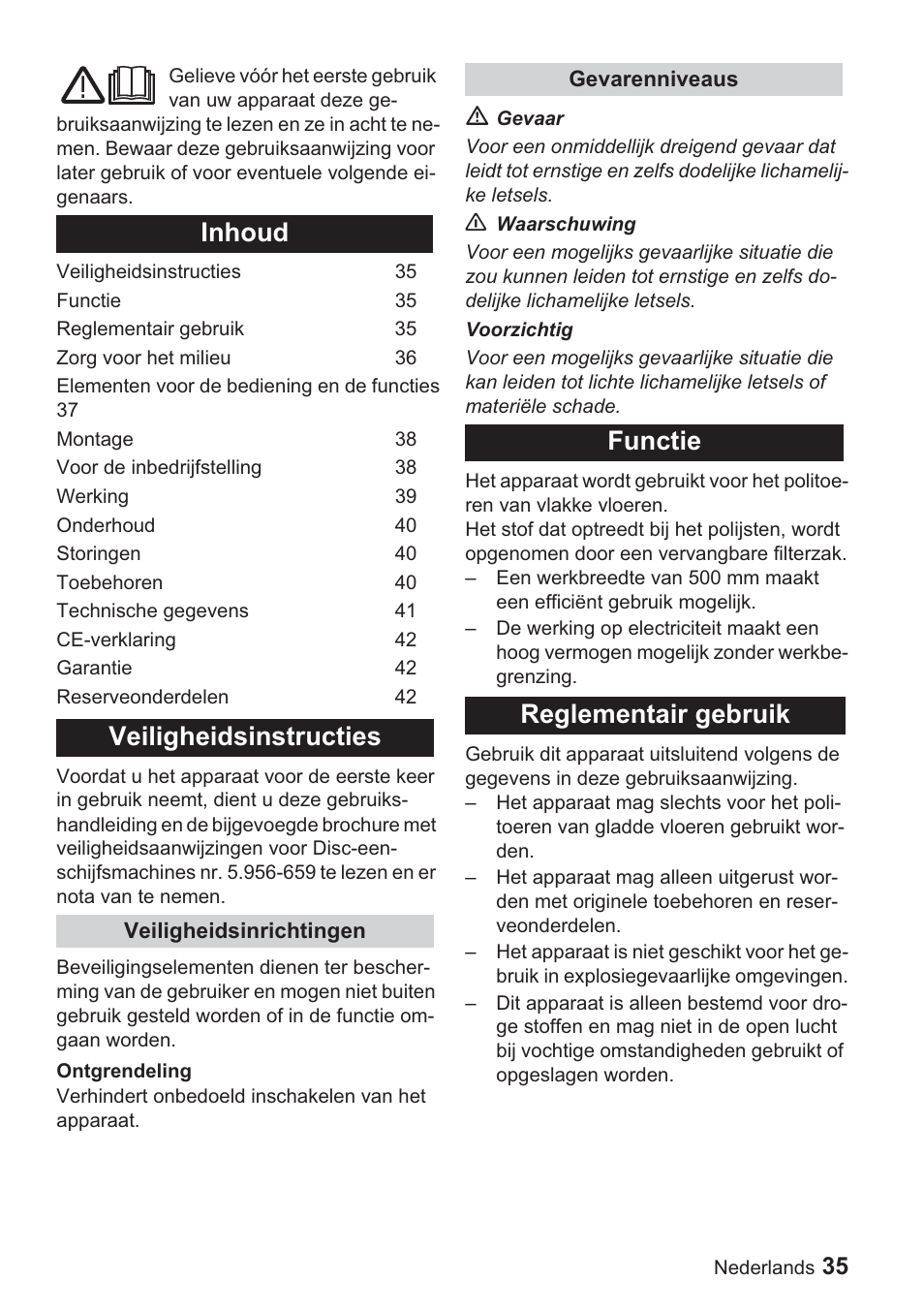 Inhoud veiligheidsinstructies, Functie reglementair gebruik | Karcher BDP 1500 User Manual | Page 35 / 220