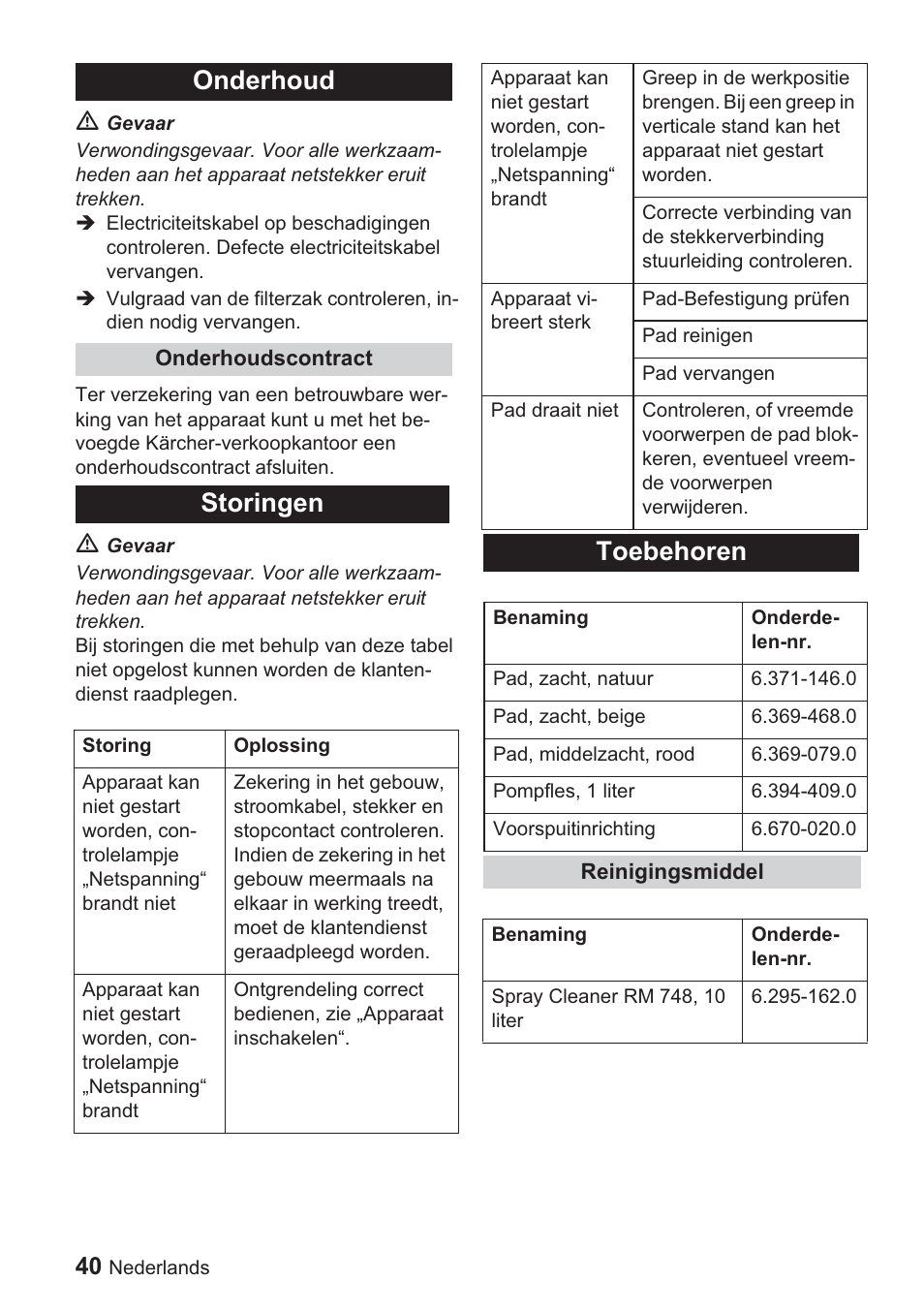 Onderhoud, Storingen, Toebehoren | Karcher BDP 1500 User Manual | Page 40 / 220