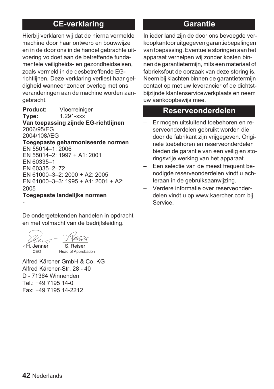 Ce-verklaring, Garantie reserveonderdelen | Karcher BDP 1500 User Manual | Page 42 / 220