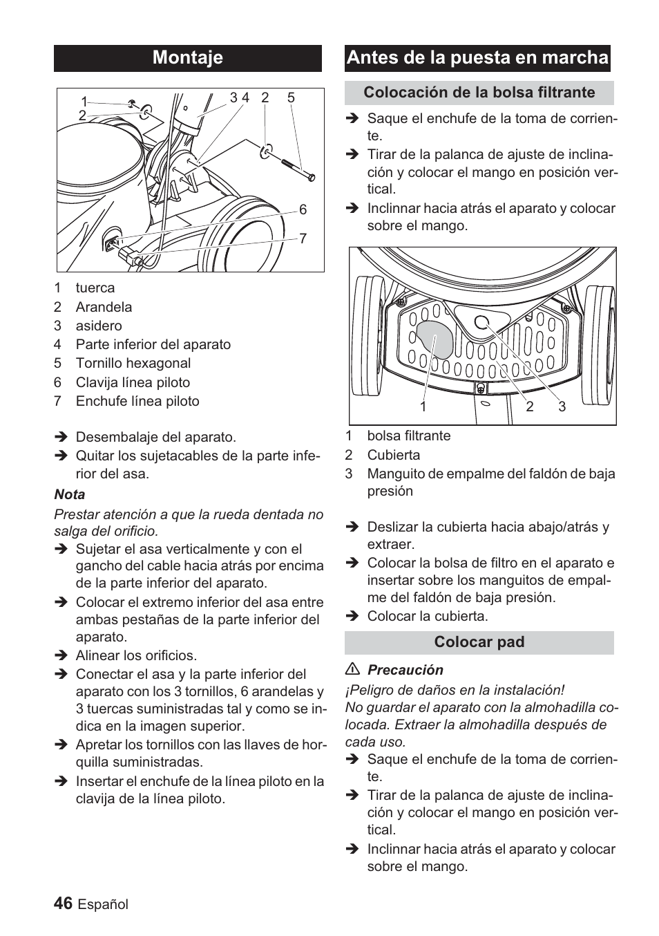 Montaje, Antes de la puesta en marcha | Karcher BDP 1500 User Manual | Page 46 / 220