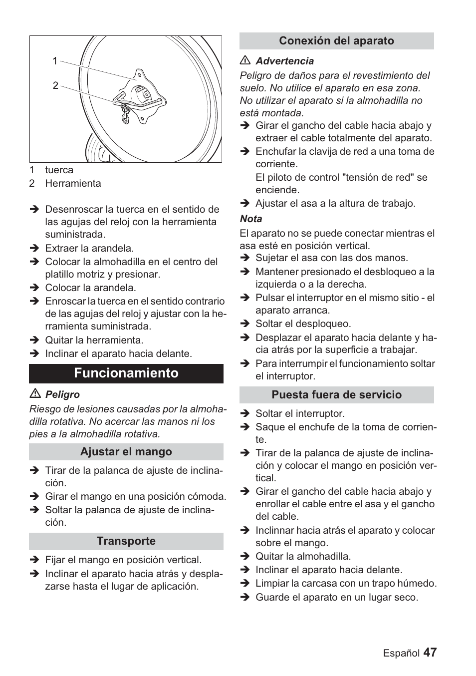 Funcionamiento | Karcher BDP 1500 User Manual | Page 47 / 220