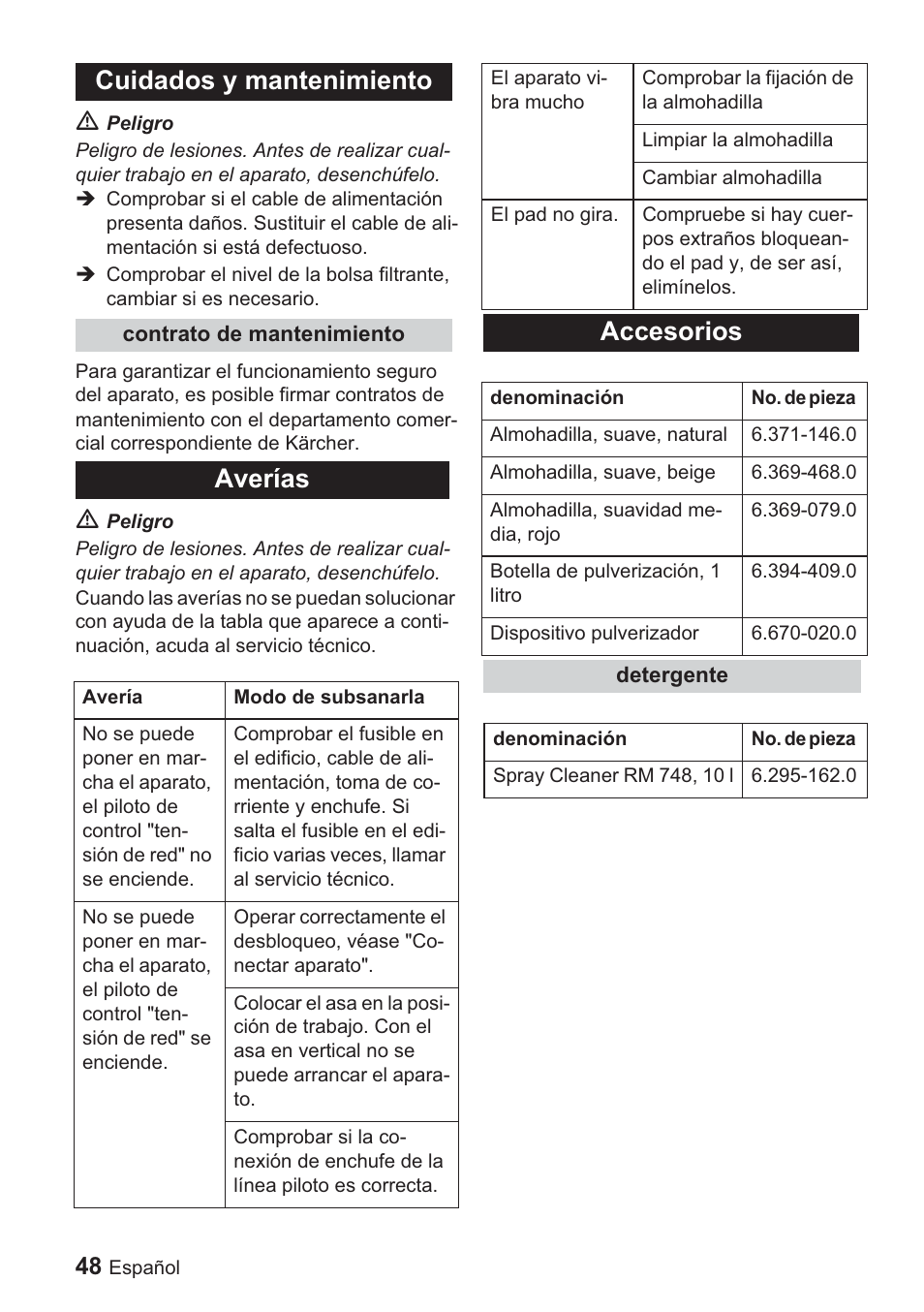 Cuidados y mantenimiento, Averías, Accesorios | Karcher BDP 1500 User Manual | Page 48 / 220