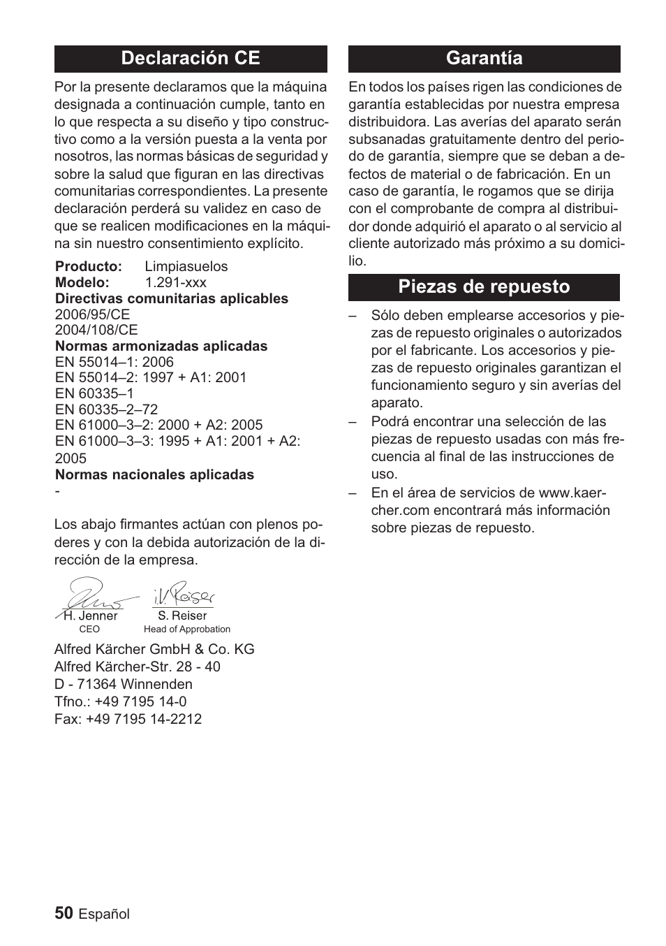 Declaración ce, Garantía piezas de repuesto | Karcher BDP 1500 User Manual | Page 50 / 220