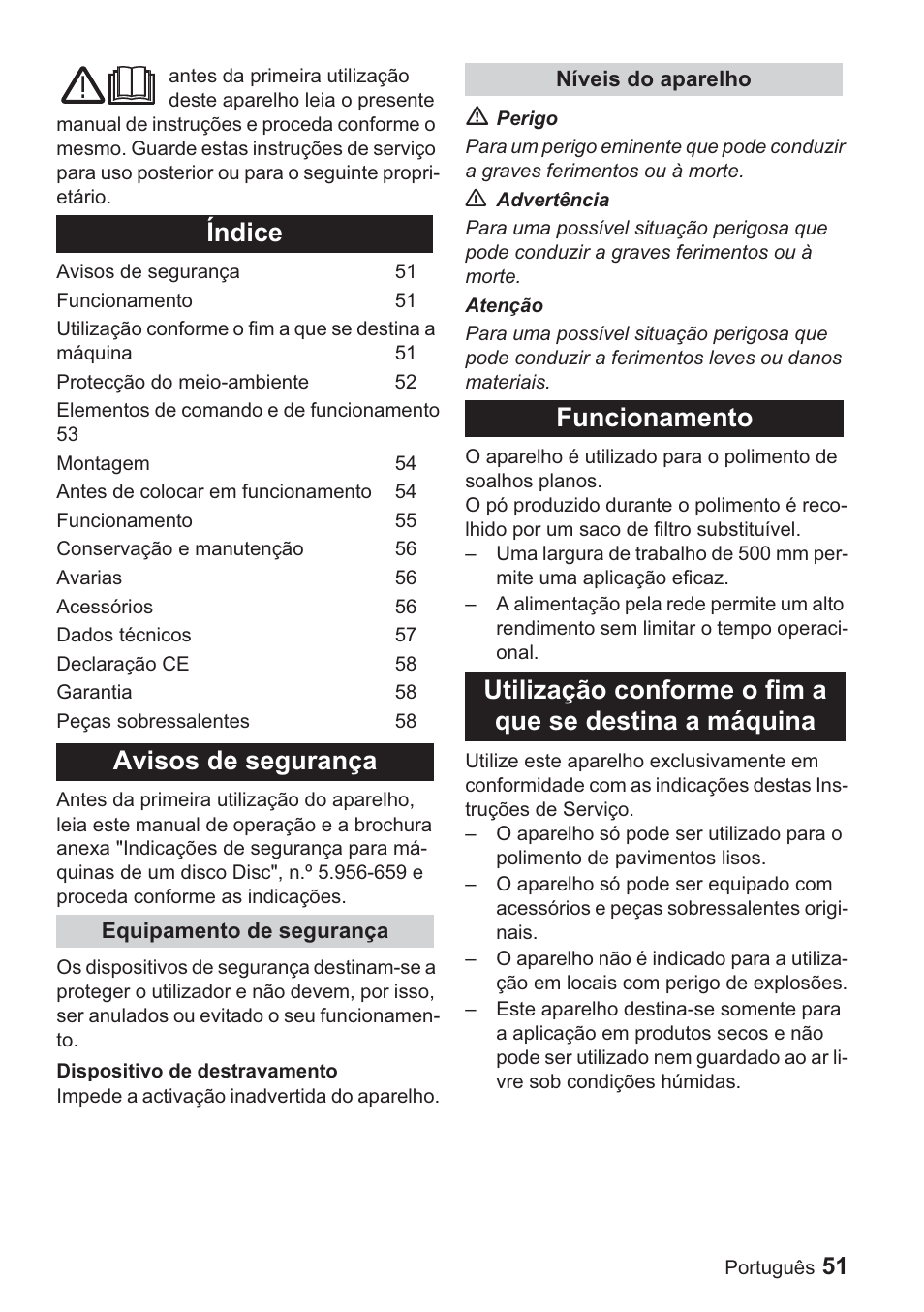 Índice avisos de segurança | Karcher BDP 1500 User Manual | Page 51 / 220