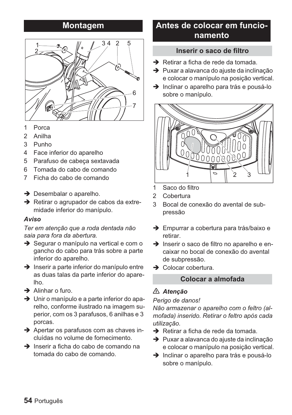 Montagem, Antes de colocar em funcio- namento | Karcher BDP 1500 User Manual | Page 54 / 220