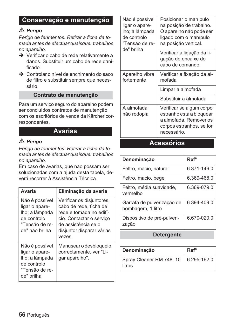 Conservação e manutenção, Avarias, Acessórios | Karcher BDP 1500 User Manual | Page 56 / 220