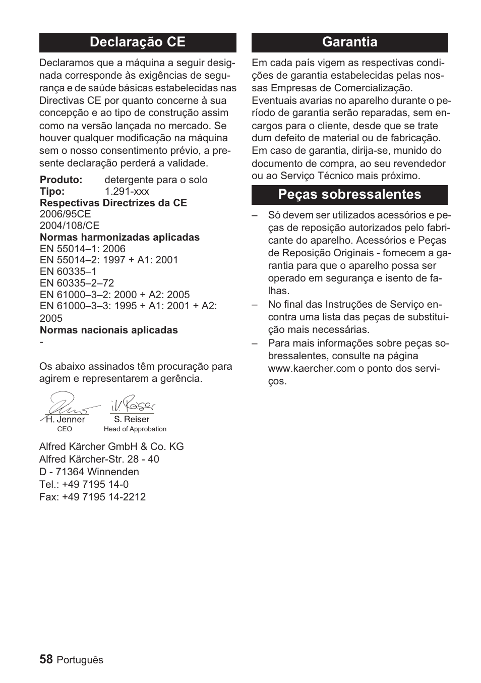 Declaração ce, Garantia peças sobressalentes | Karcher BDP 1500 User Manual | Page 58 / 220