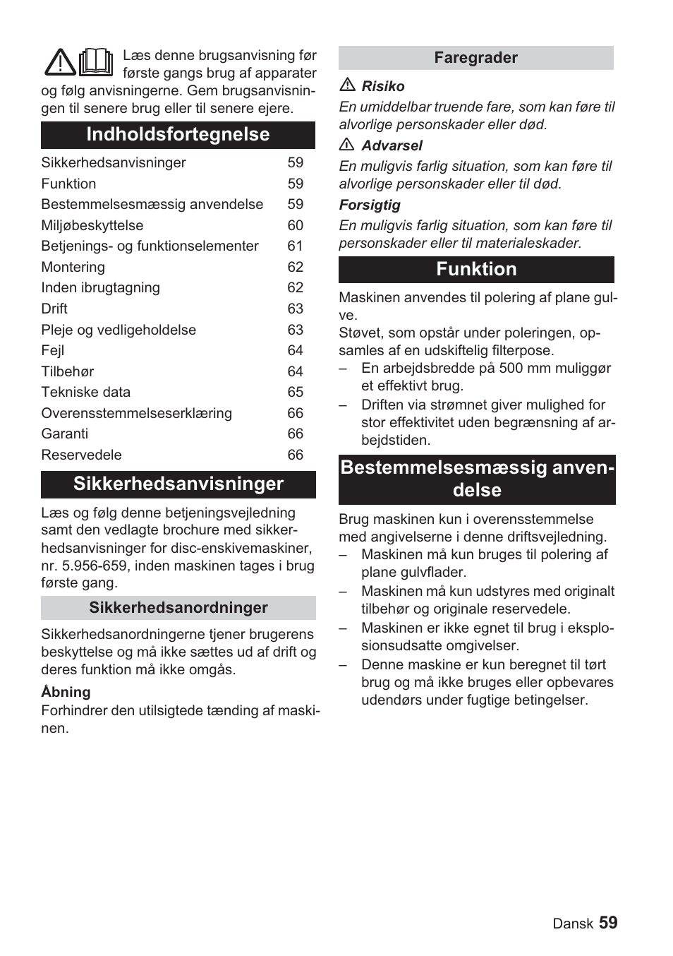 Indholdsfortegnelse sikkerhedsanvisninger, Funktion bestemmelsesmæssig anven- delse | Karcher BDP 1500 User Manual | Page 59 / 220