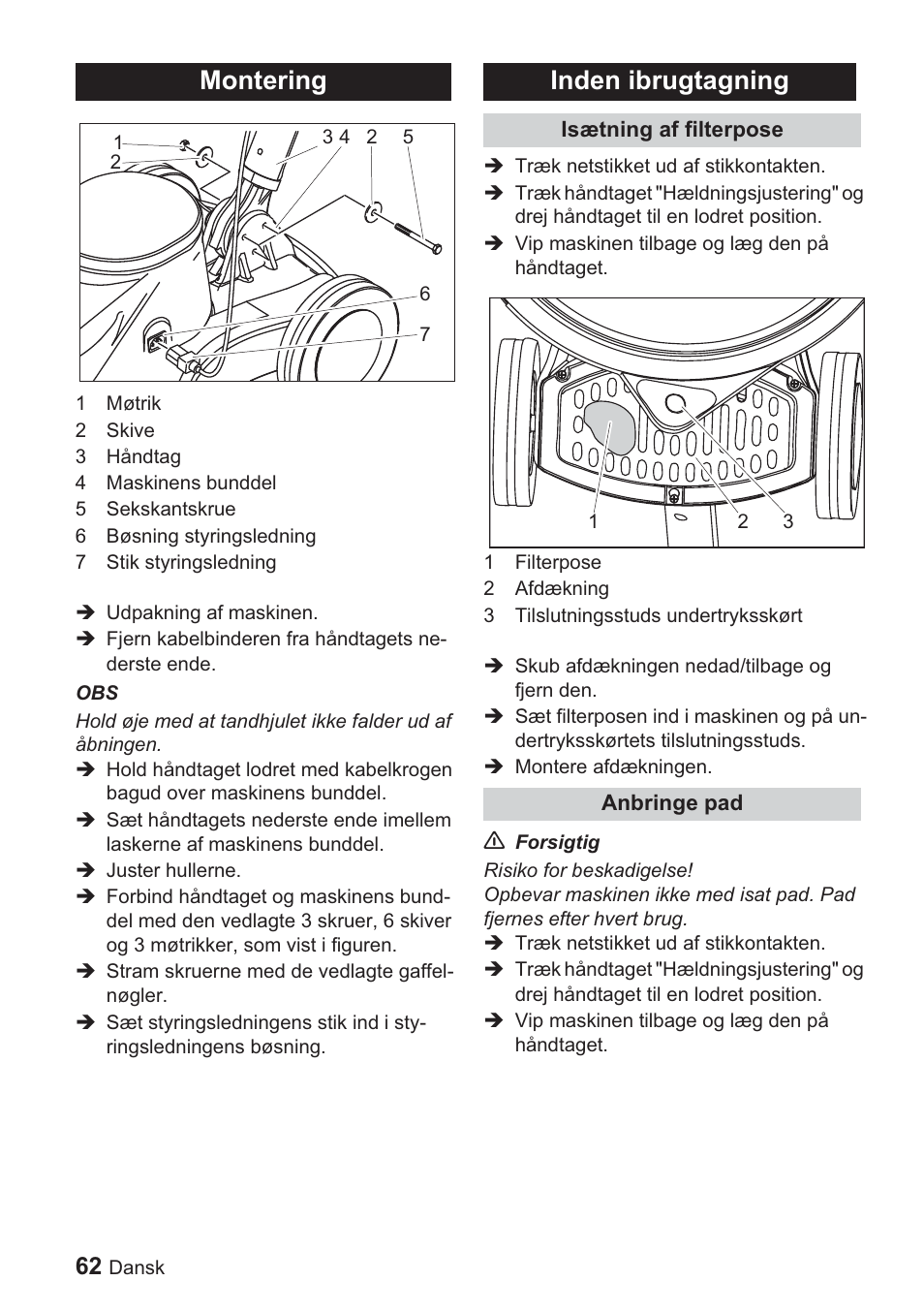 Montering, Inden ibrugtagning | Karcher BDP 1500 User Manual | Page 62 / 220