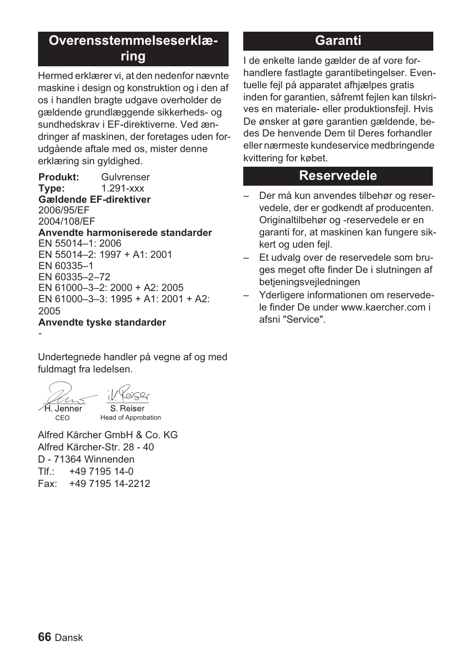 Overensstemmelseserklæ- ring, Garanti reservedele | Karcher BDP 1500 User Manual | Page 66 / 220