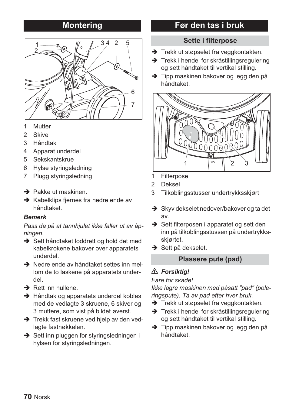 Montering, Før den tas i bruk | Karcher BDP 1500 User Manual | Page 70 / 220