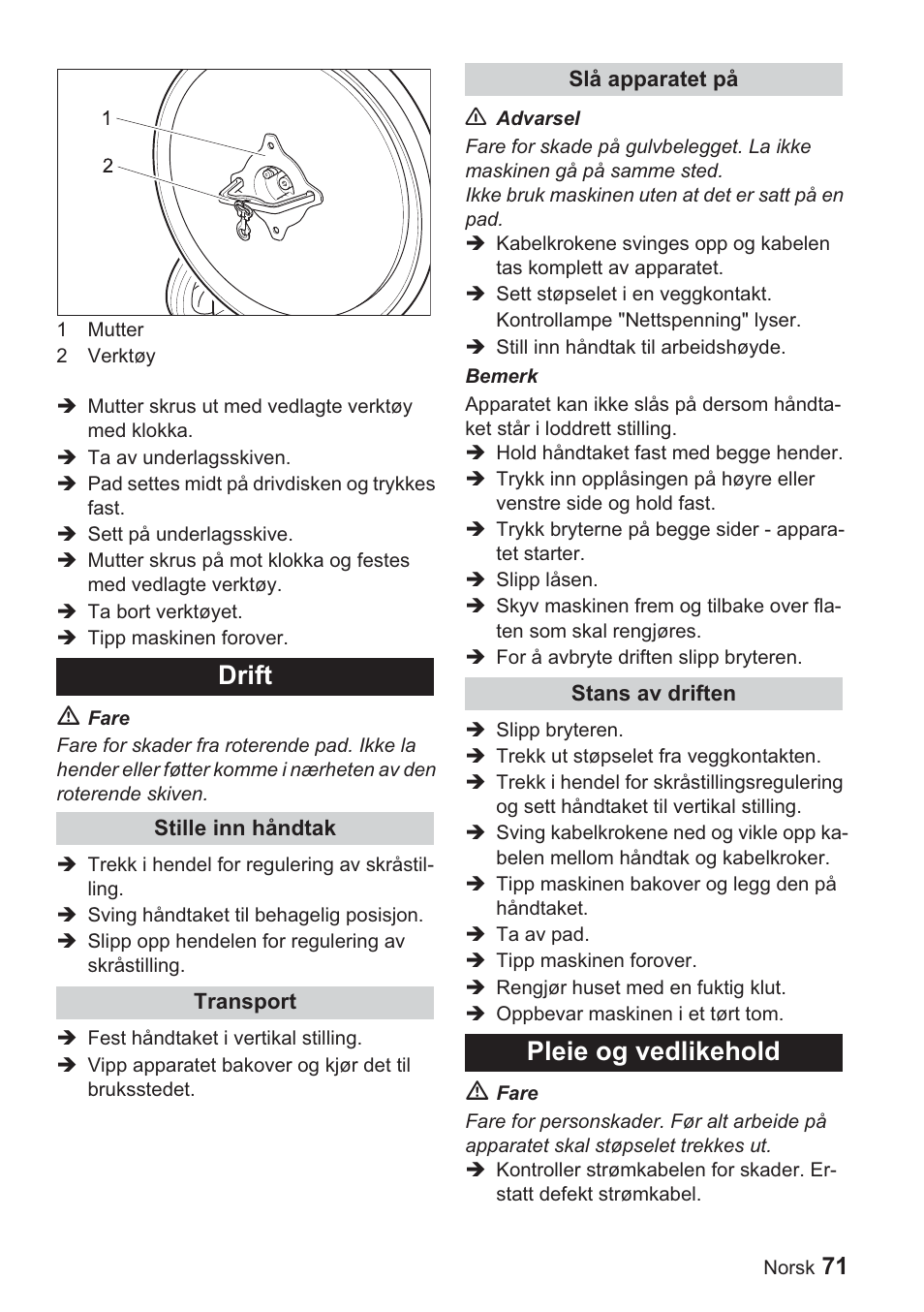 Drift, Pleie og vedlikehold | Karcher BDP 1500 User Manual | Page 71 / 220