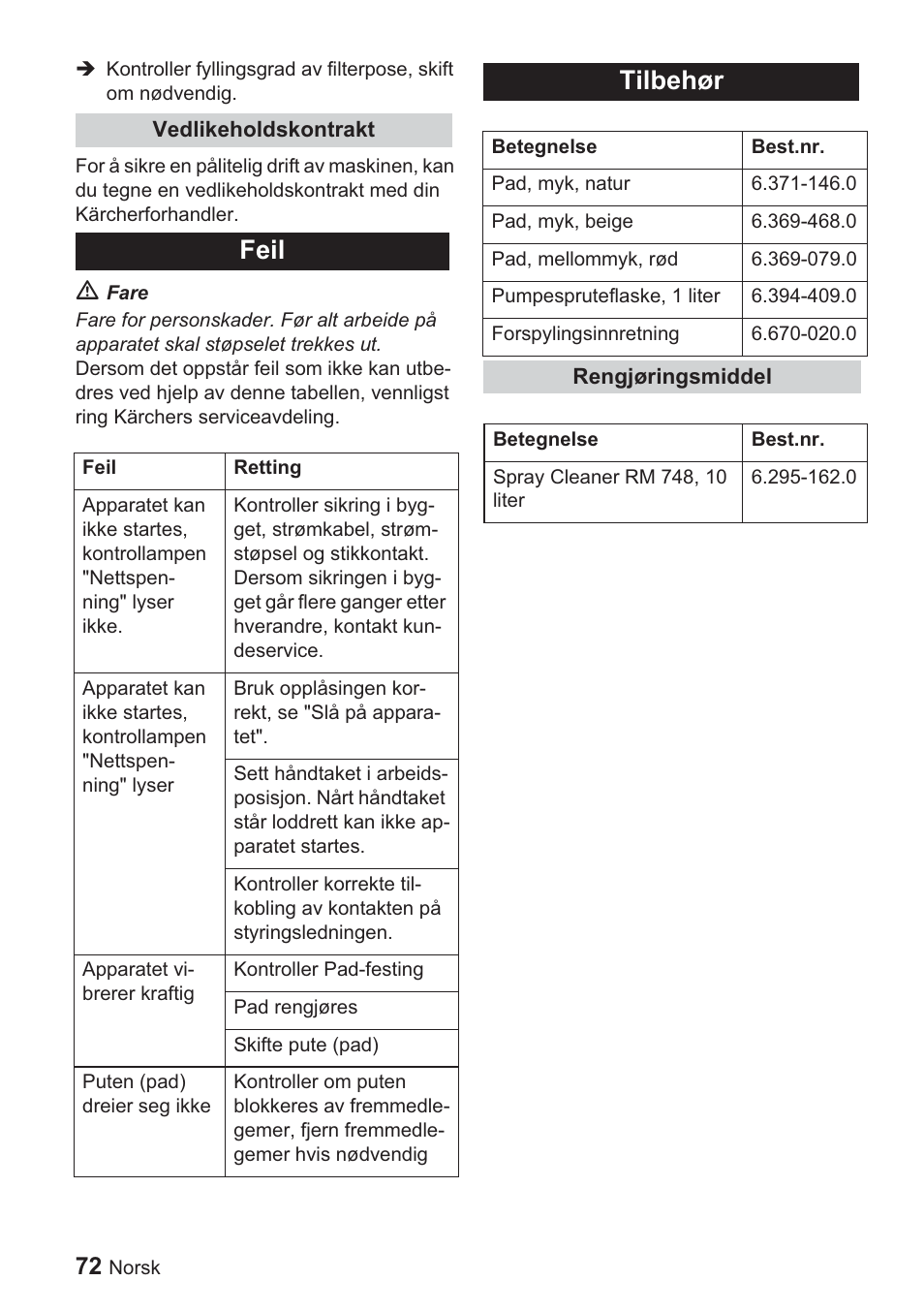 Feil, Tilbehør | Karcher BDP 1500 User Manual | Page 72 / 220