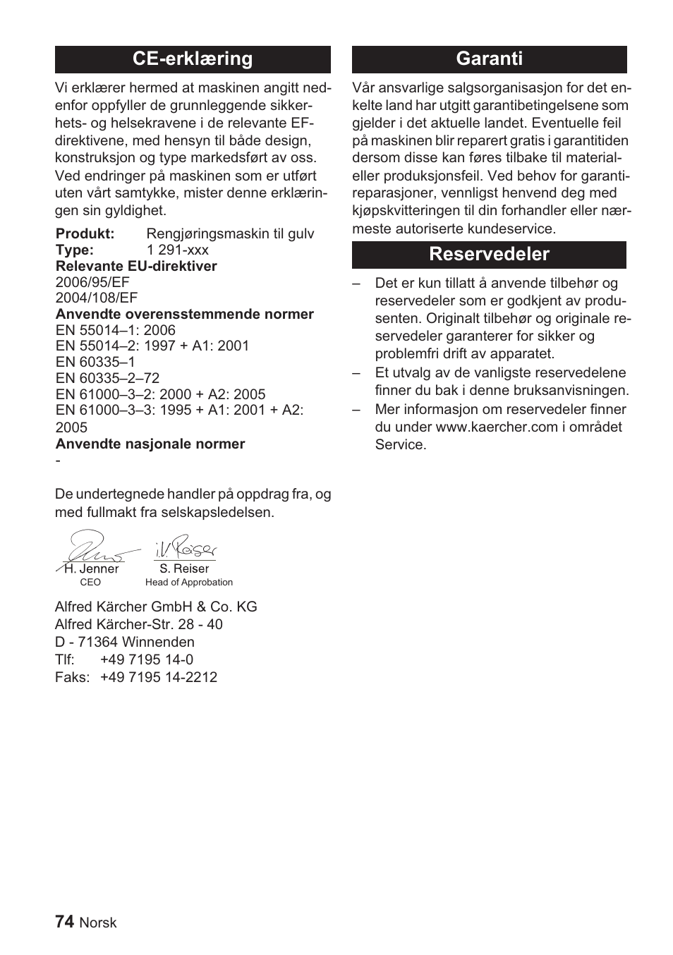 Ce-erklæring, Garanti reservedeler | Karcher BDP 1500 User Manual | Page 74 / 220