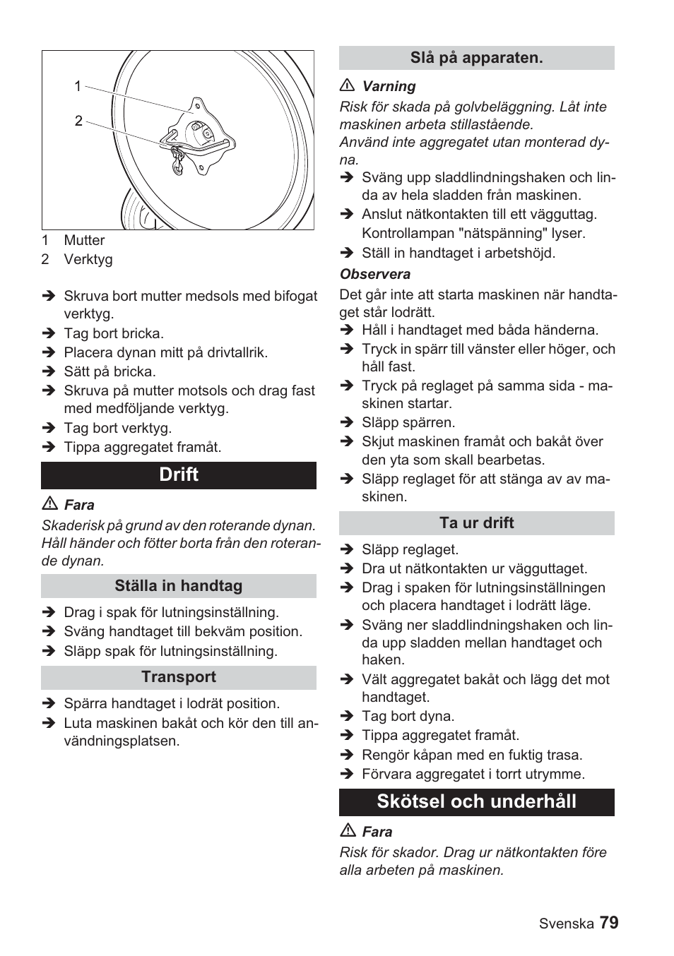 Drift, Skötsel och underhåll | Karcher BDP 1500 User Manual | Page 79 / 220