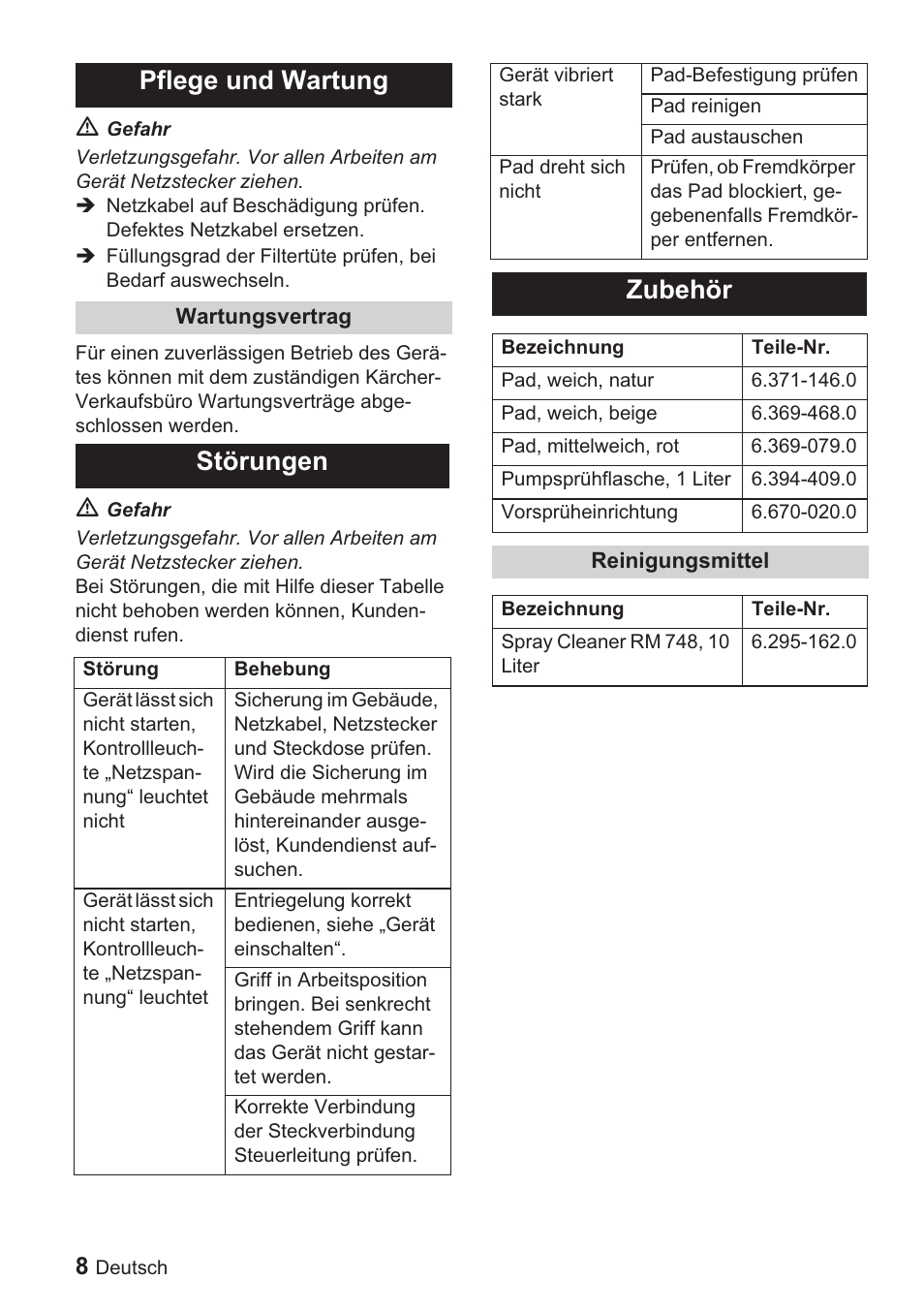 Pflege und wartung, Störungen, Zubehör | Karcher BDP 1500 User Manual | Page 8 / 220