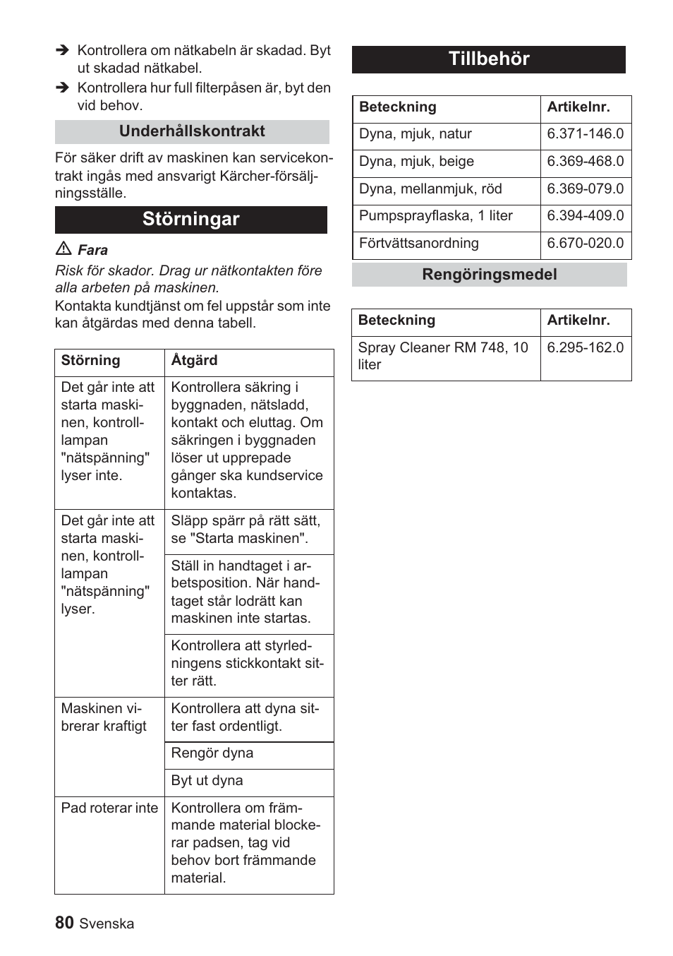 Störningar, Tillbehör | Karcher BDP 1500 User Manual | Page 80 / 220