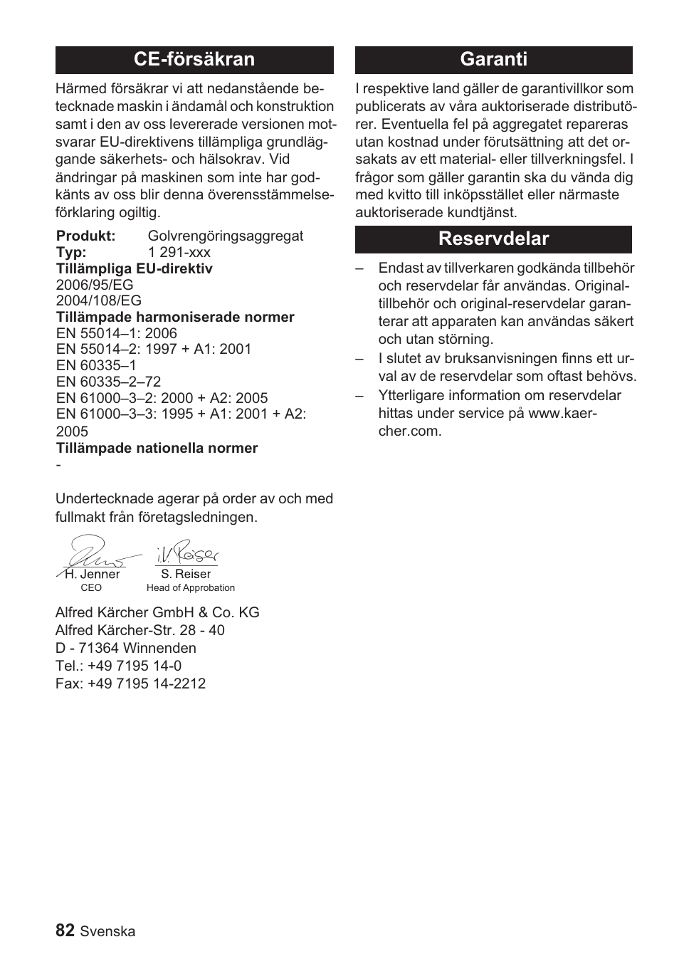 Ce-försäkran, Garanti reservdelar | Karcher BDP 1500 User Manual | Page 82 / 220