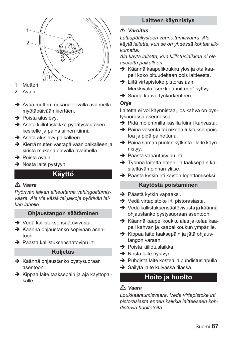 Käyttö, Hoito ja huolto | Karcher BDP 1500 User Manual | Page 87 / 220