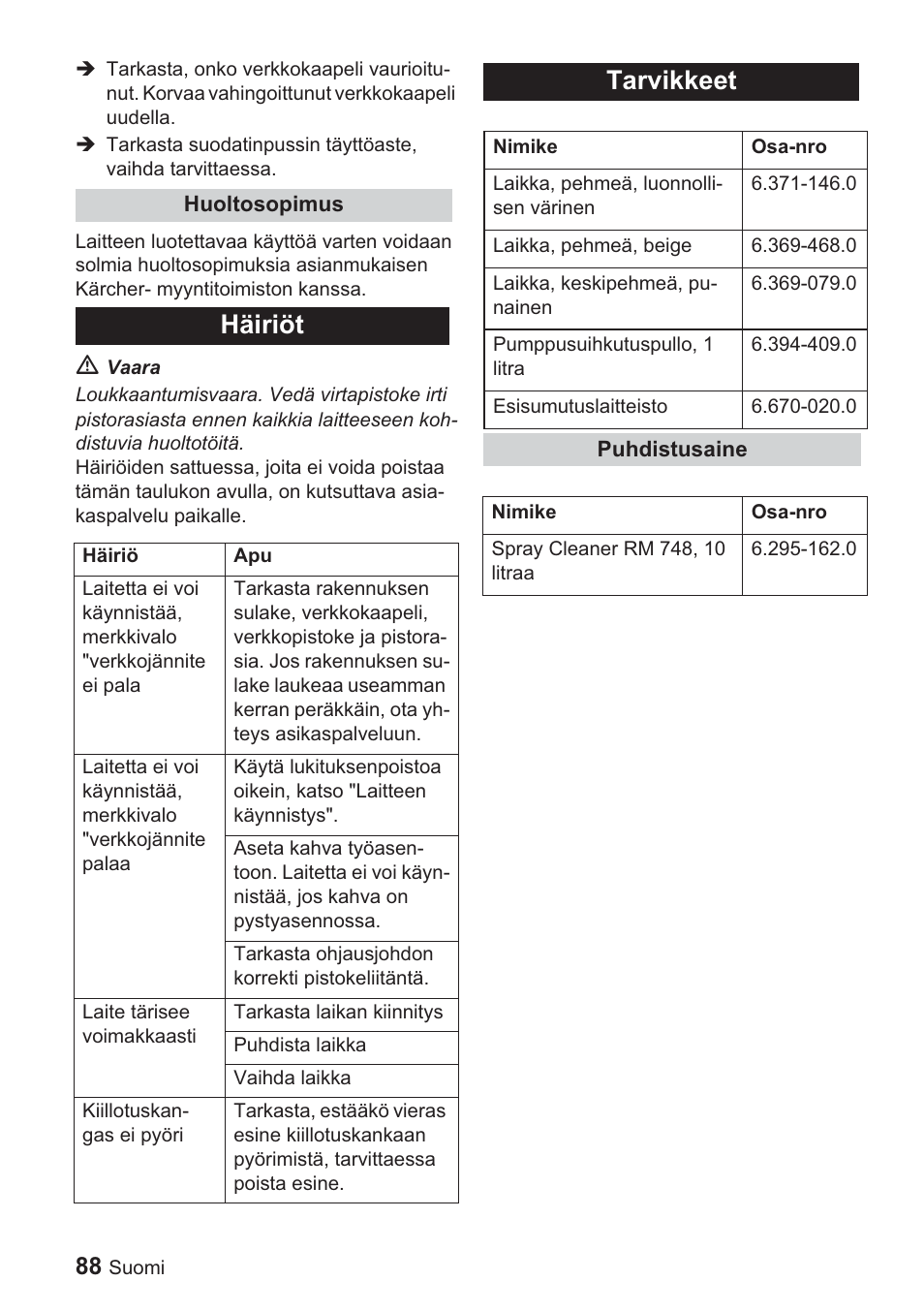 Häiriöt, Tarvikkeet | Karcher BDP 1500 User Manual | Page 88 / 220