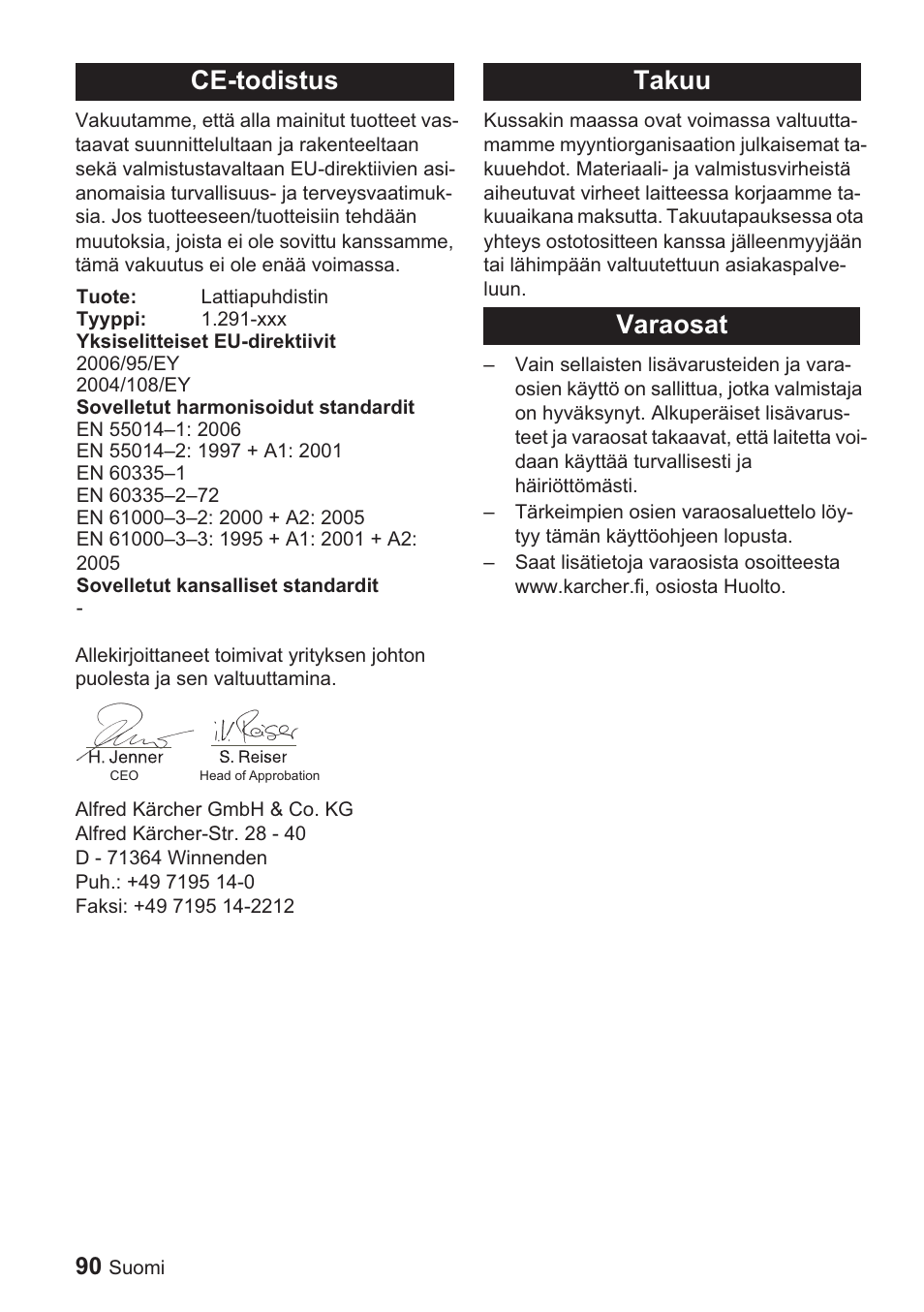 Ce-todistus, Takuu varaosat | Karcher BDP 1500 User Manual | Page 90 / 220