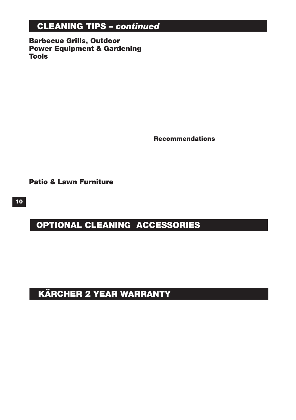Cleaning tips – continued, Optional cleaning accessories, Kärcher 2 year warranty | Karcher 1750 User Manual | Page 10 / 12