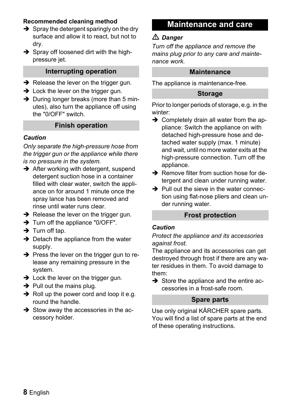 Maintenance and care | Karcher K 3.160 User Manual | Page 8 / 12